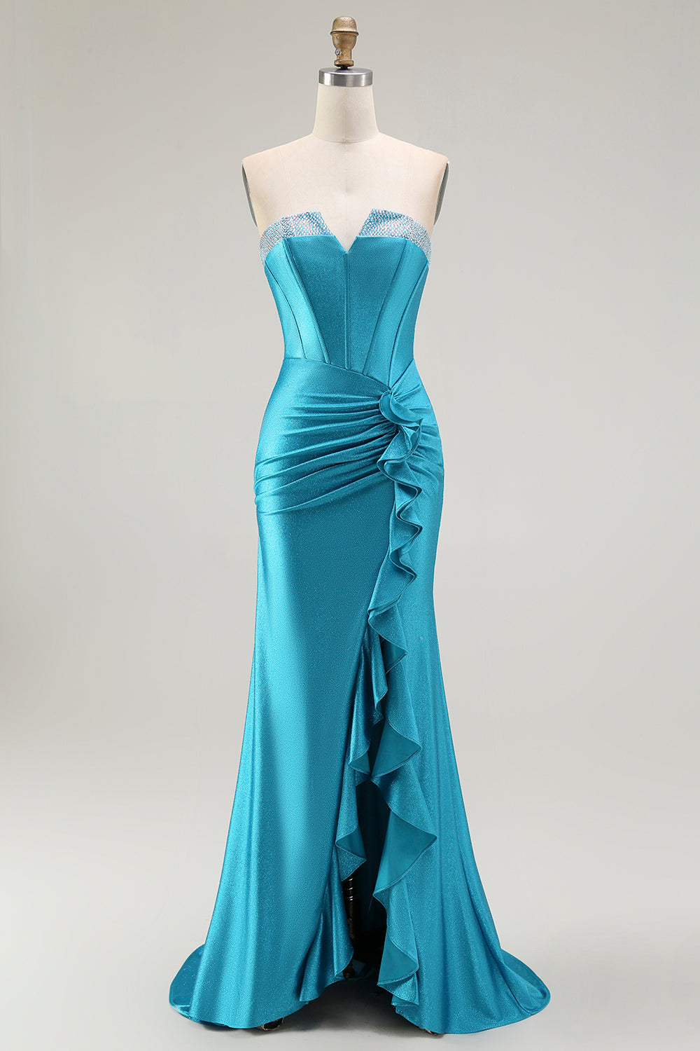 Sirène sans bretelles corset perlé bleu Robe de soirée avec fente à volants