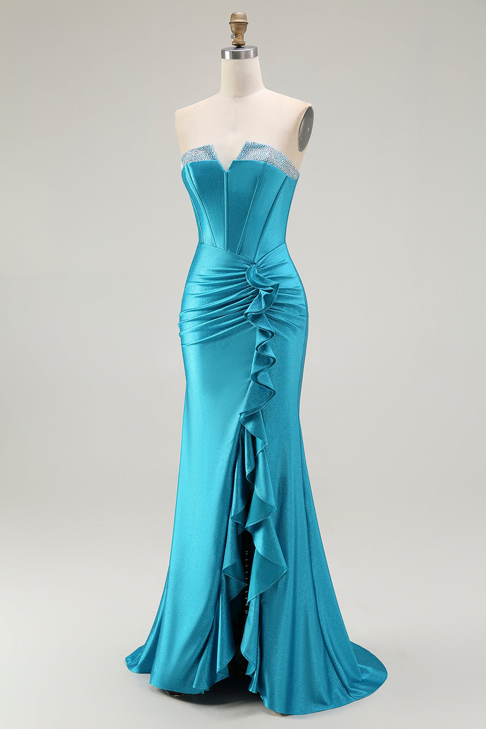 Sirène sans bretelles corset perlé bleu Robe de soirée avec fente à volants