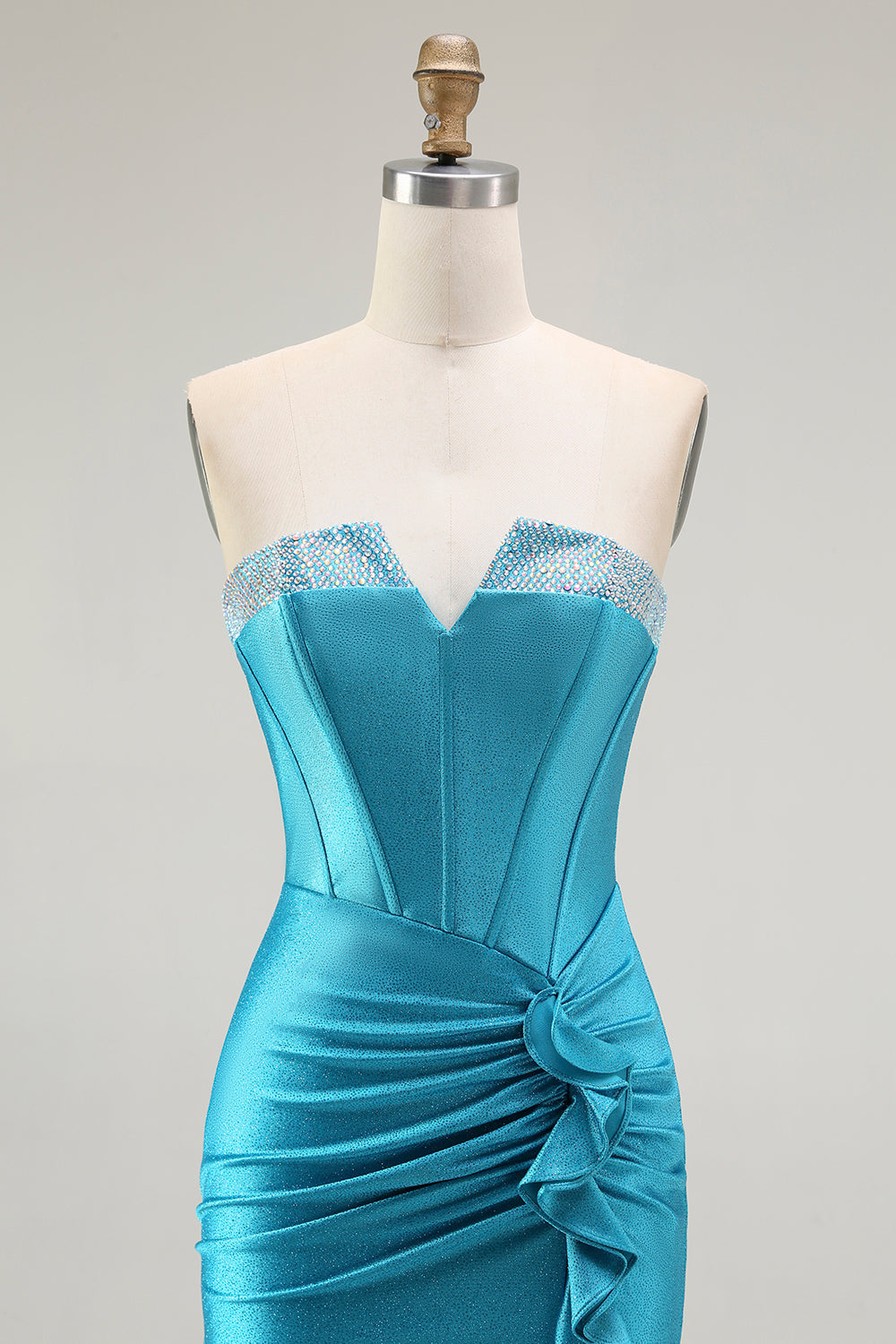 Sirène sans bretelles corset perlé bleu Robe de soirée avec fente à volants