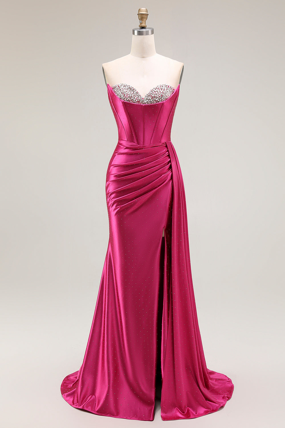 Robe de bal longue plissée plissée perlée fuchsia sirène scintillante avec fente