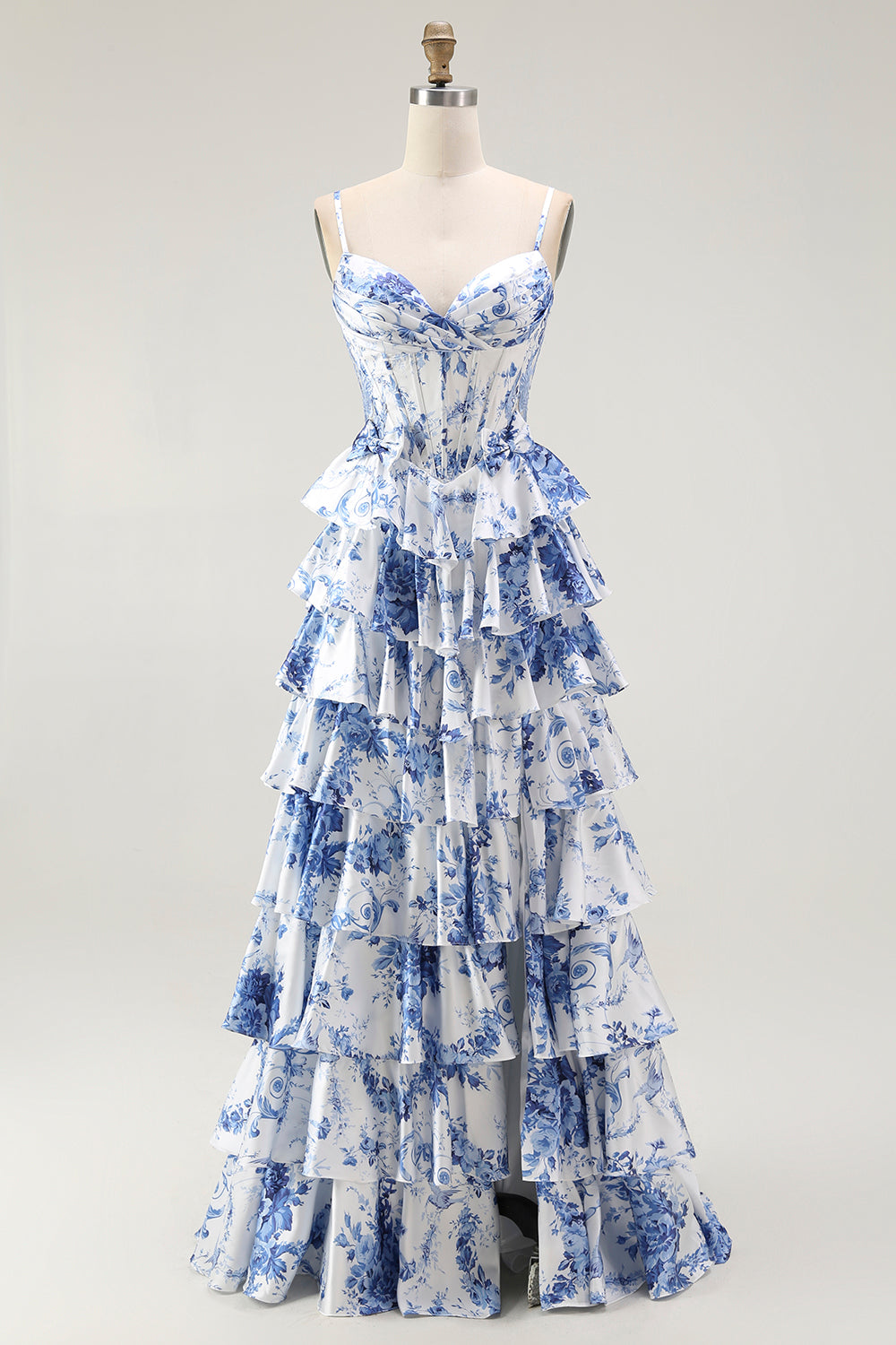 Corset floral blanc bleu Une Robe de soirée à plusieurs niveaux