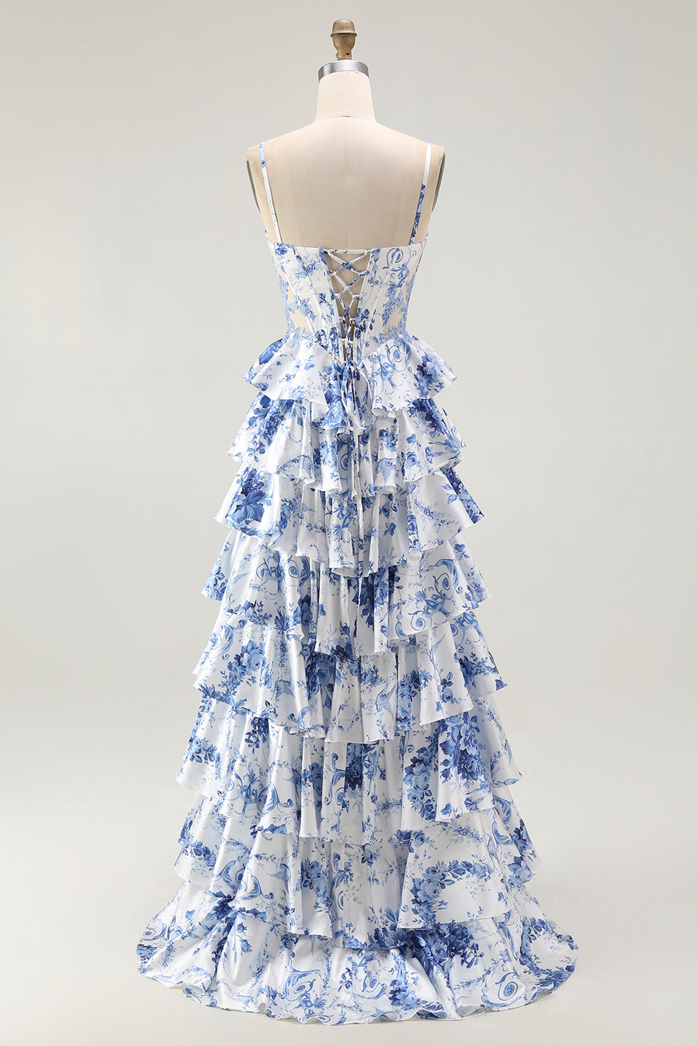 Corset floral blanc bleu Une Robe de soirée à plusieurs niveaux
