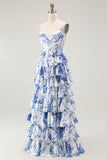 Corset floral blanc bleu Une Robe de soirée à plusieurs niveaux