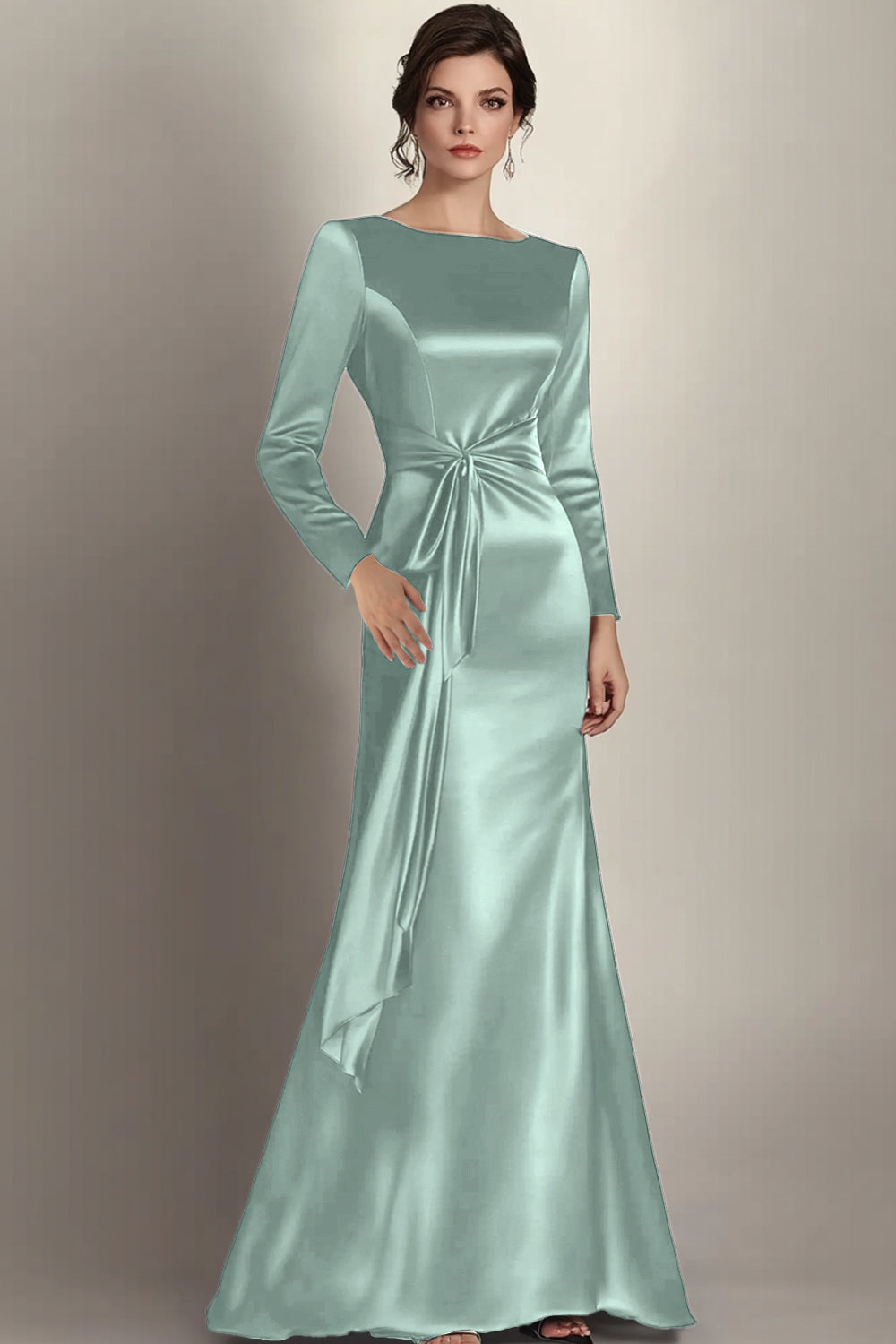 Sirène noire manches longues satin froncé longue mère de la mariée robe