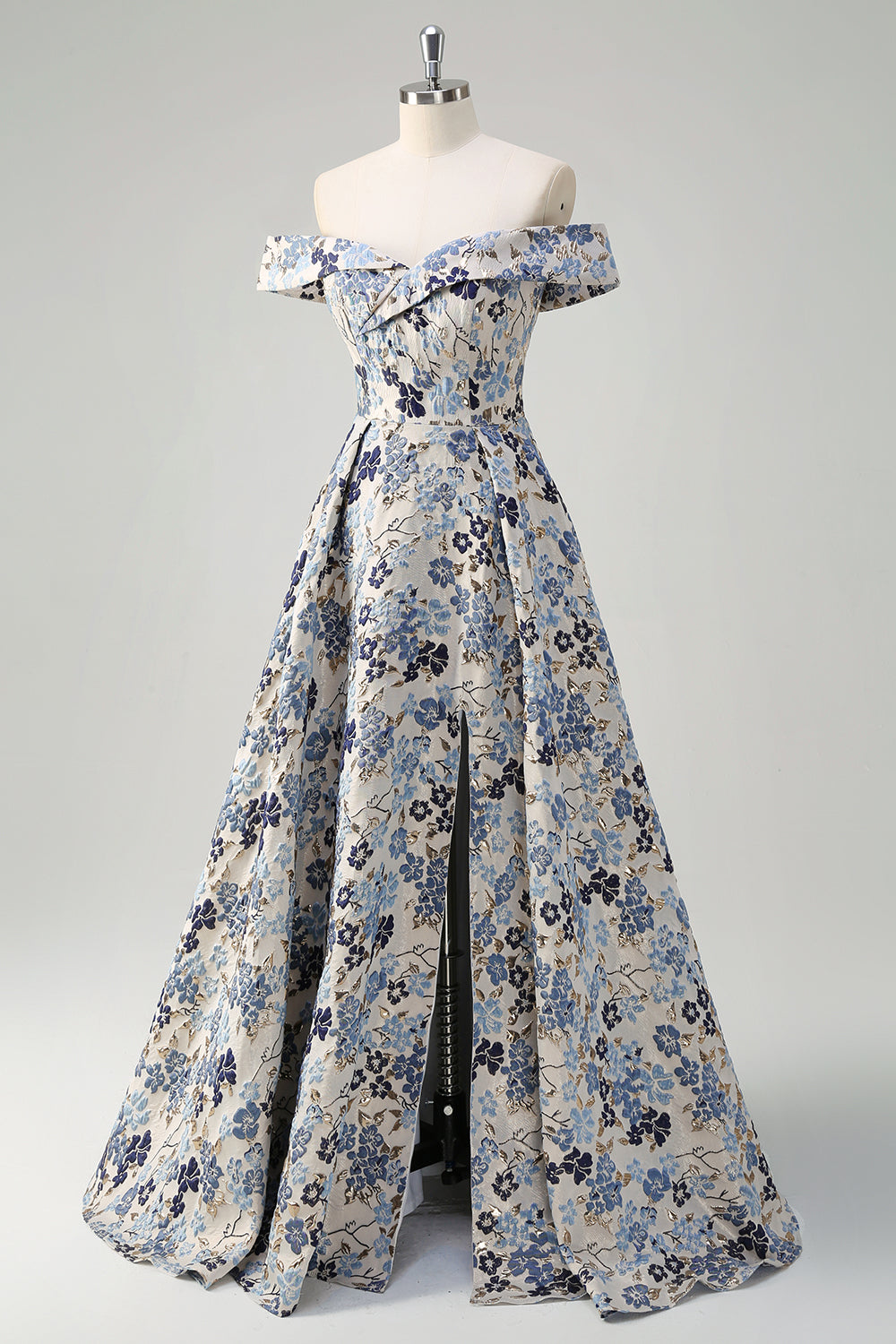 Princesse fleur bleue scintillante hors de l’épaule froncé longue robe de bal avec fente