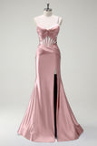 Sirène royale Spaghetti bretelles Satin Corset Robe de soirée longue avec fente