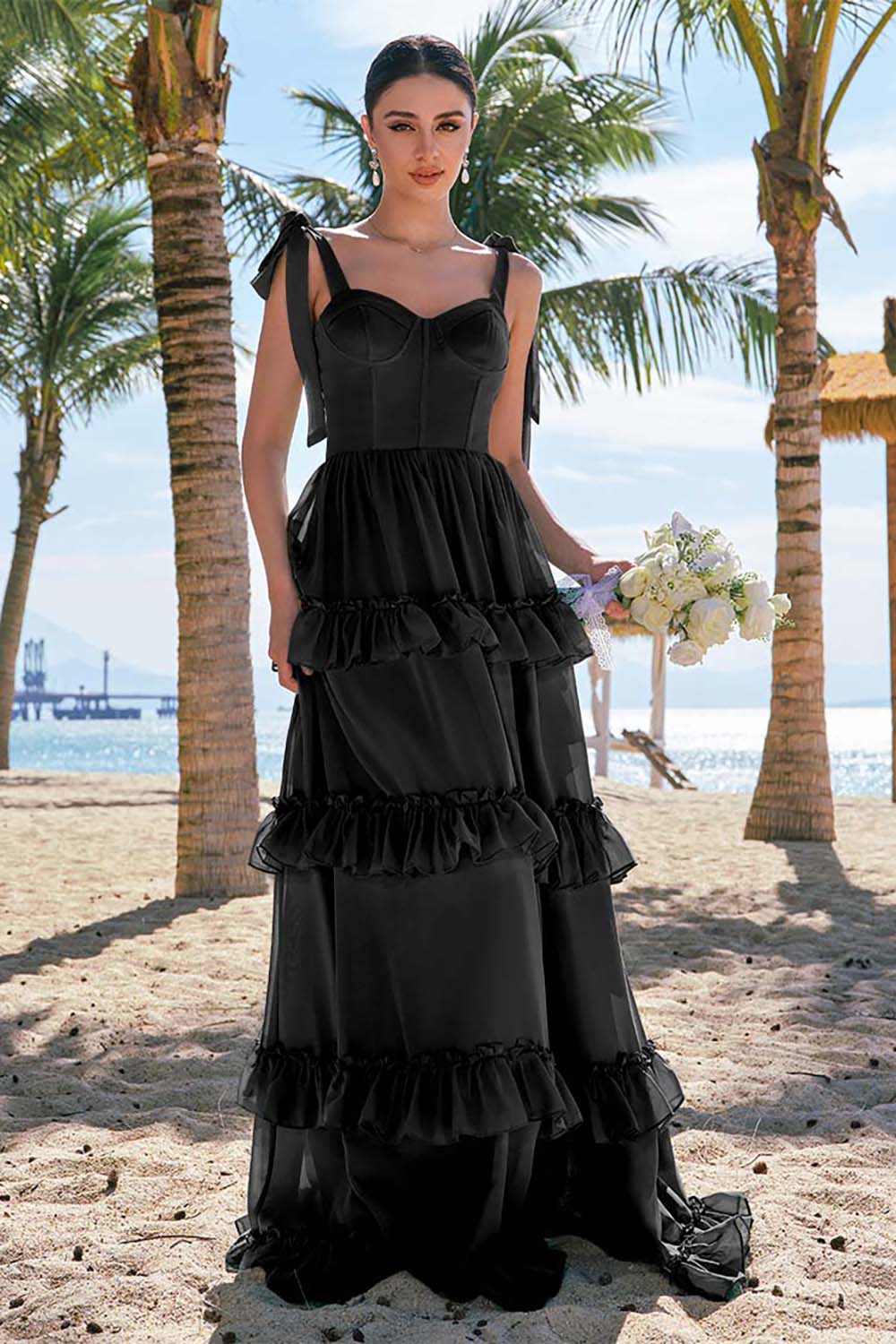 Eucalyptus A-ligne noeud papillon bretelles Corset Mousseline de soie Longue robe de demoiselle d’honneur avec fente