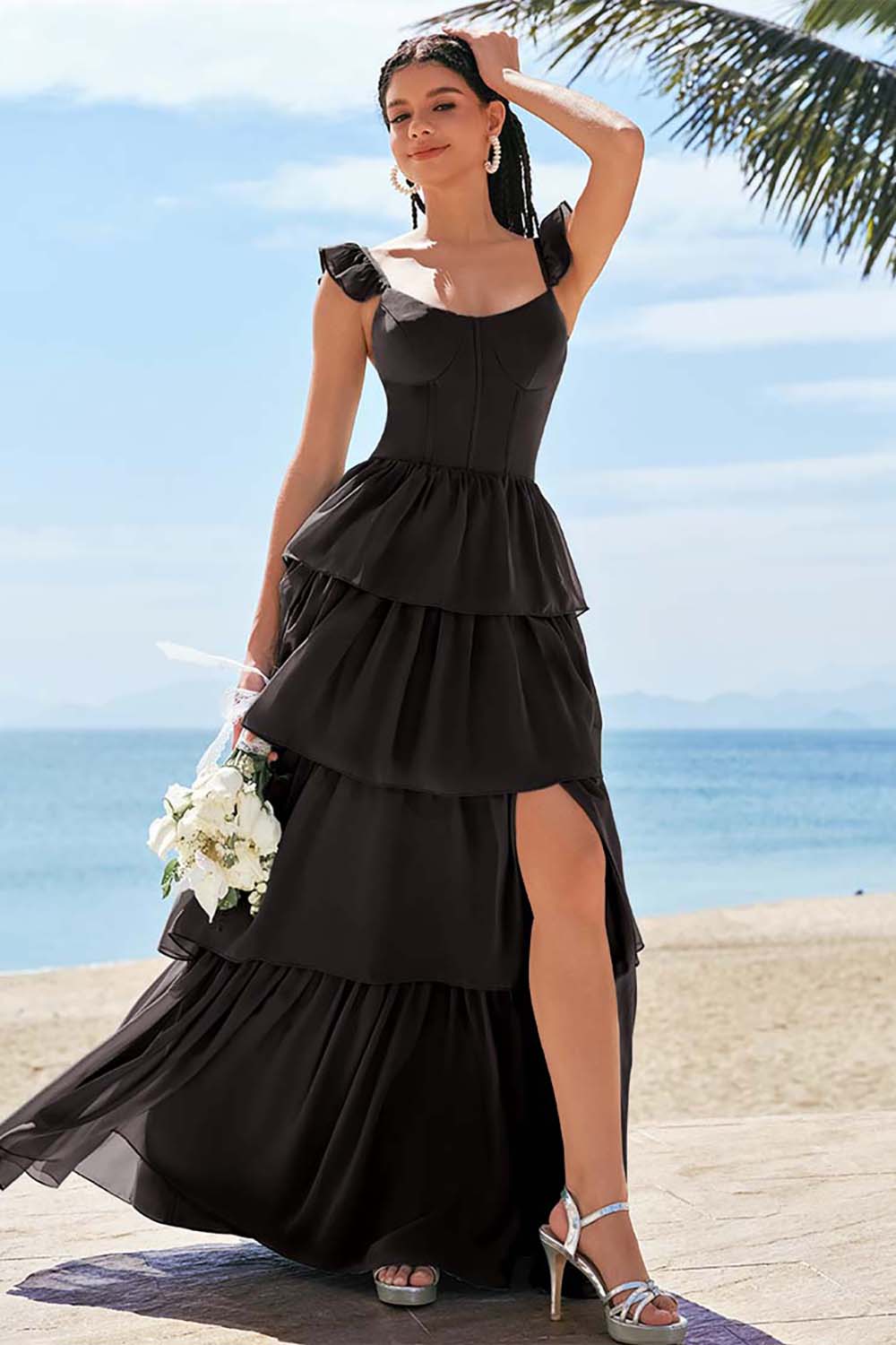 Eucalyptus A-ligne Corset Robe de demoiselle d’honneur longue avec fente à volants