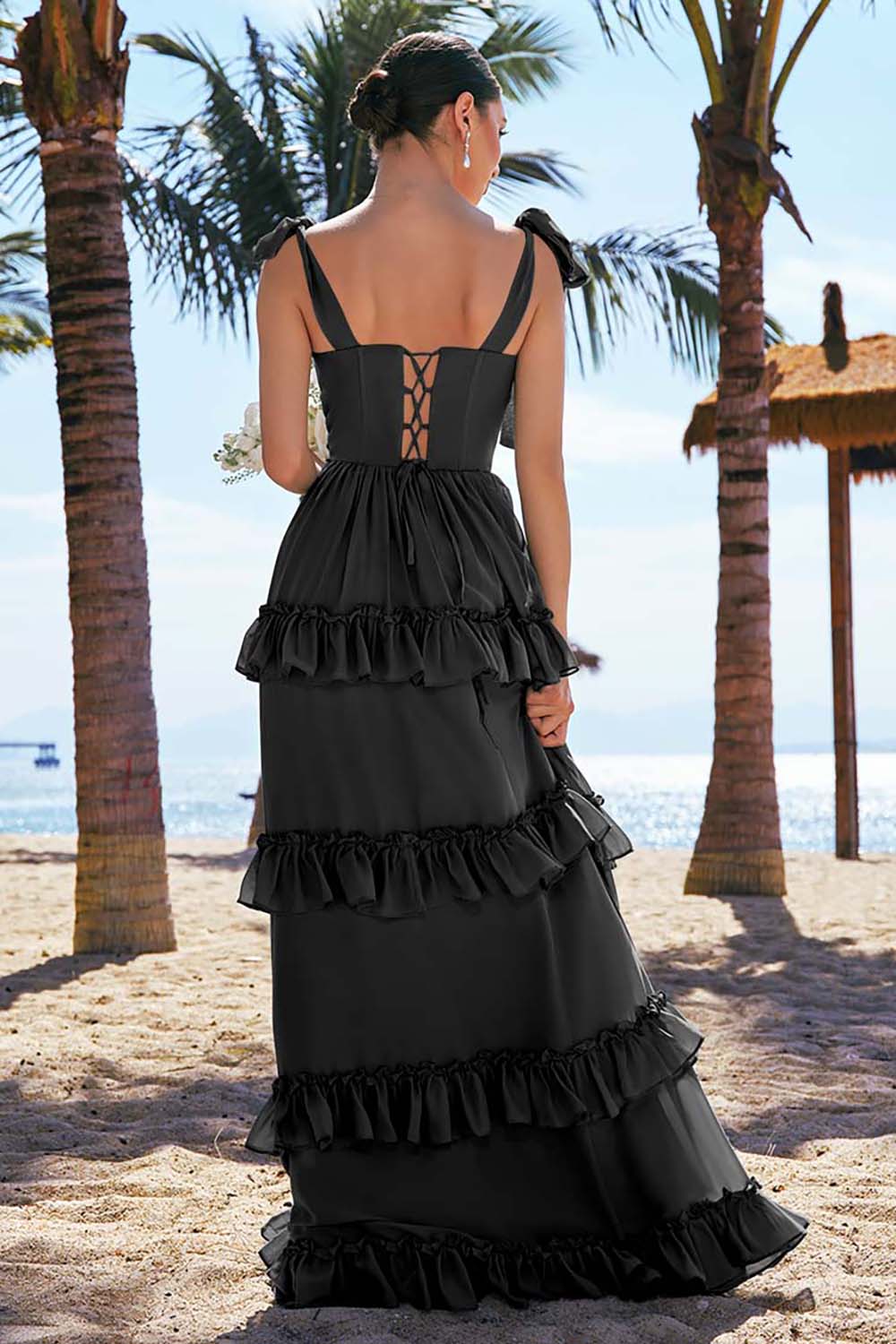 Eucalyptus A-ligne noeud papillon bretelles Corset Mousseline de soie Longue robe de demoiselle d’honneur avec fente