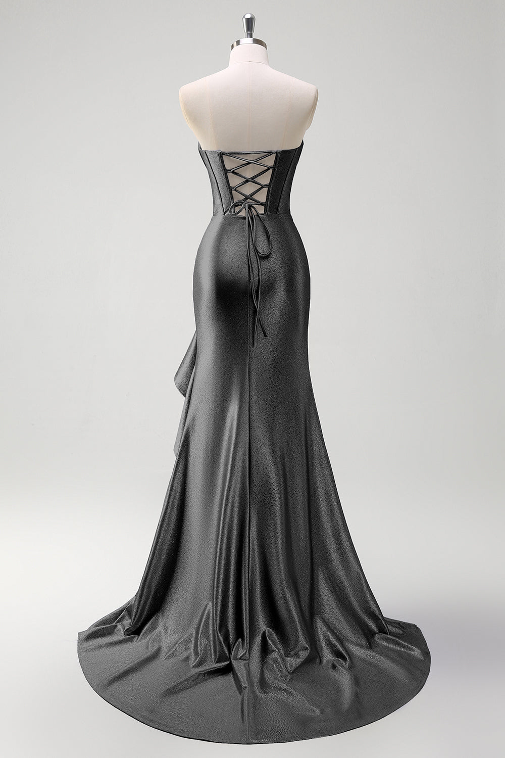 Sirène bleue grise scintillante sans bretelles à volants Corset Robe de soirée longue en satin avec fente