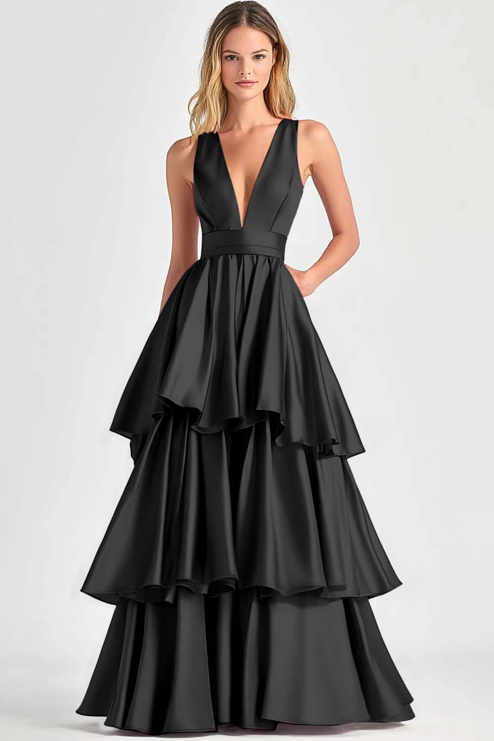 Robe de bal longue à volants à col en V trapèze