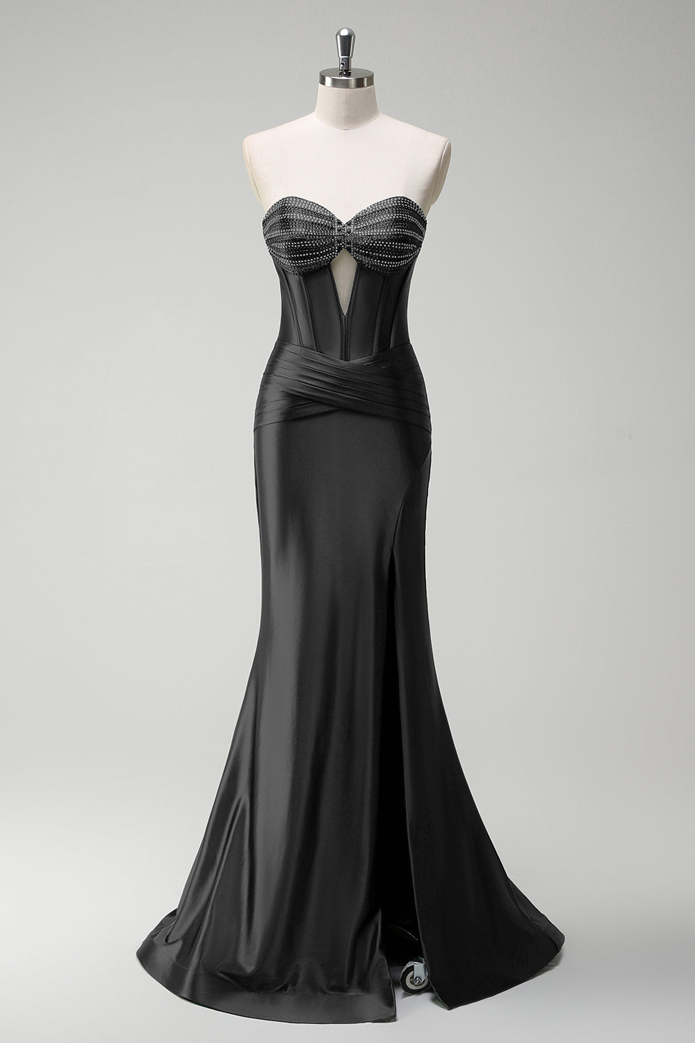 Robe de soirée longue en satin corset perlé vert foncé scintillant avec fente