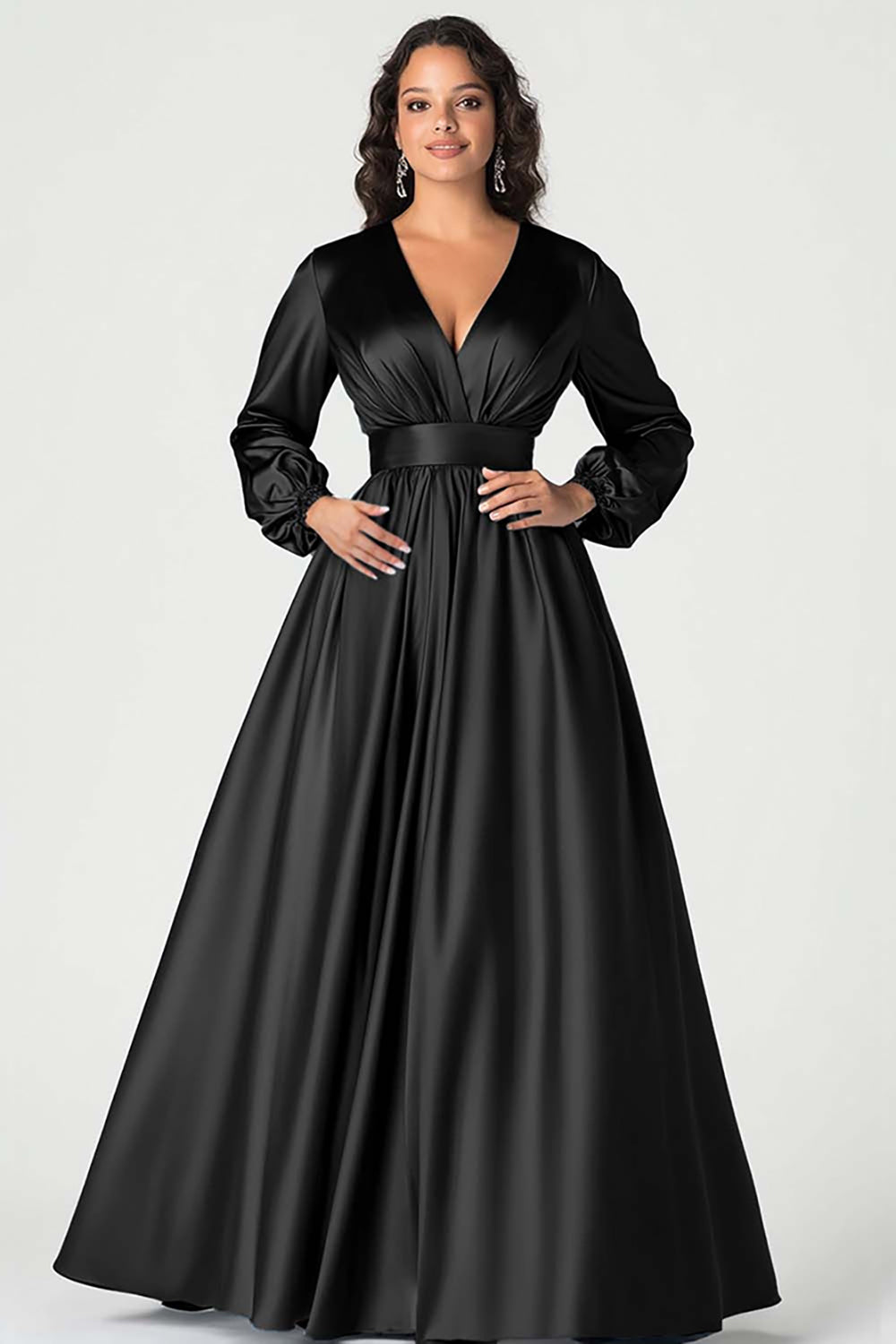 Robe de mère de mariée en satin gris bleu col V à manches longues
