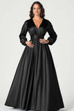 Robe de mère de mariée en satin gris bleu col V à manches longues
