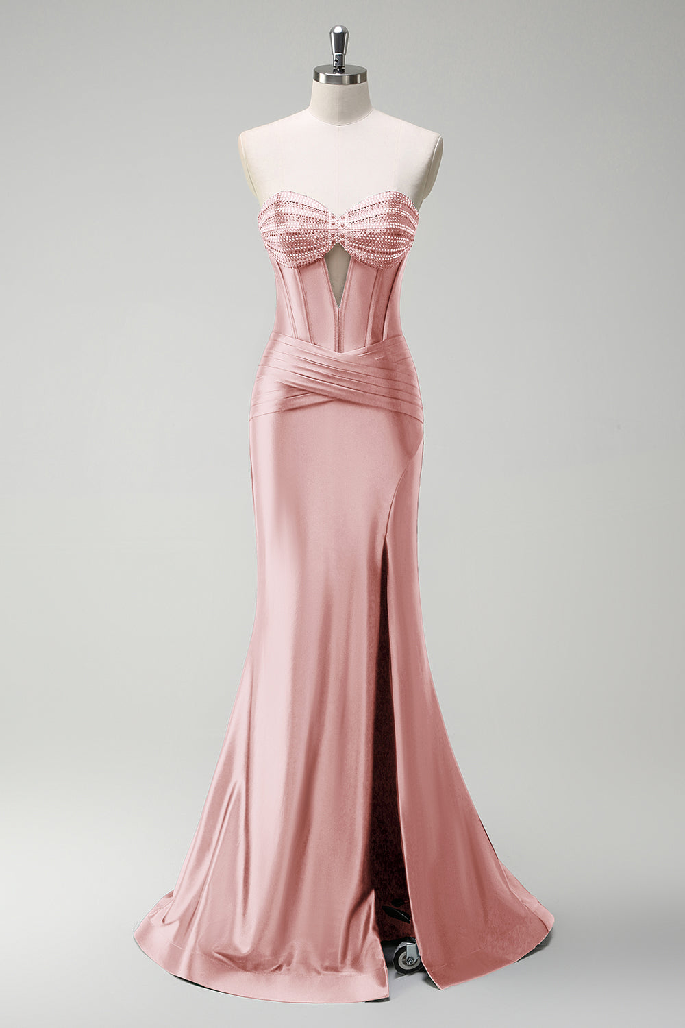 Robe de soirée longue en satin corset perlé vert foncé scintillant avec fente