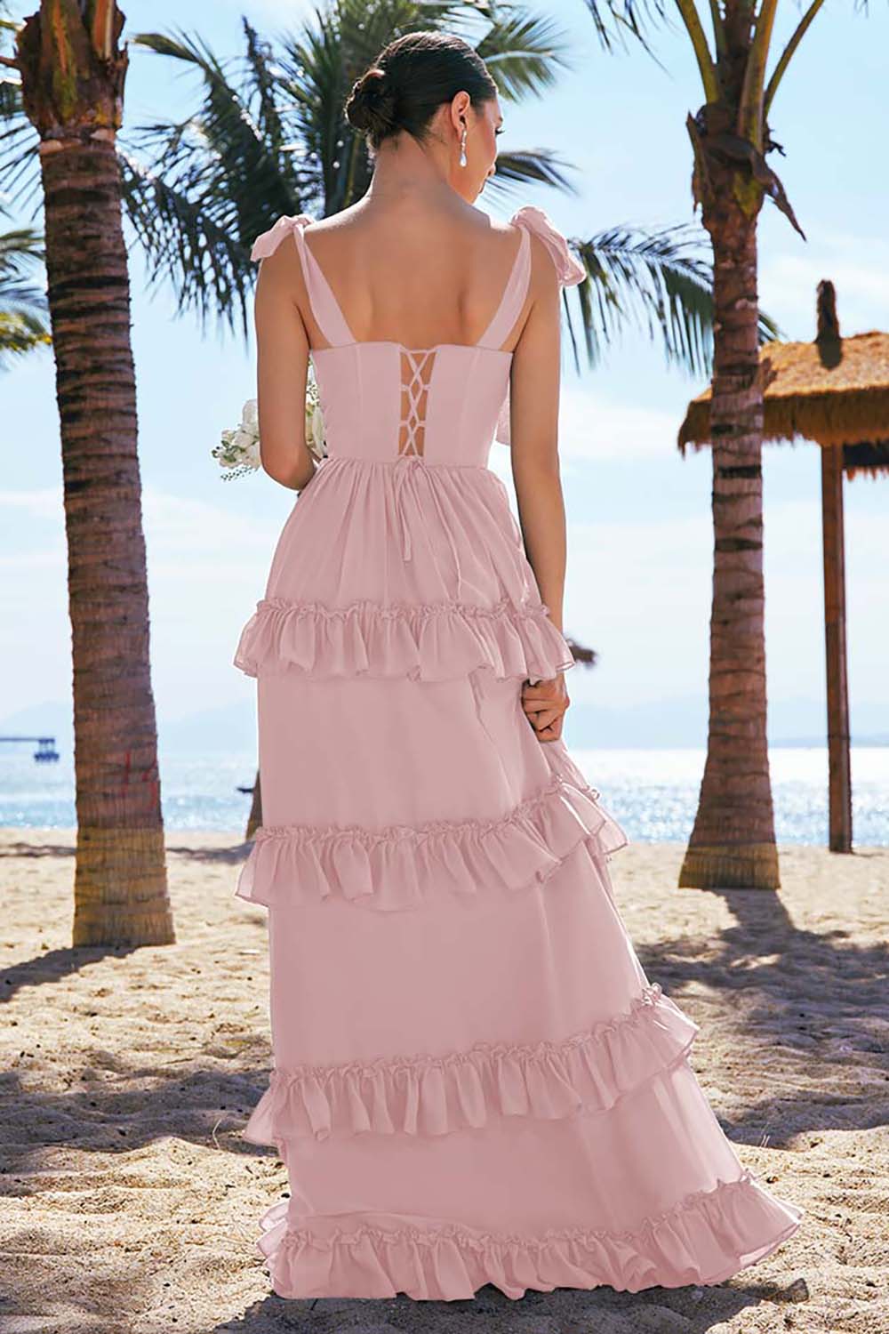 Eucalyptus A-ligne noeud papillon bretelles Corset Mousseline de soie Longue robe de demoiselle d’honneur avec fente