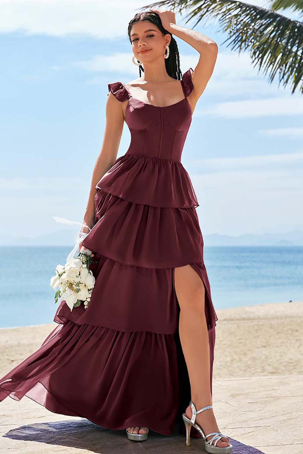 Eucalyptus A-ligne Corset Robe de demoiselle d’honneur longue avec fente à volants