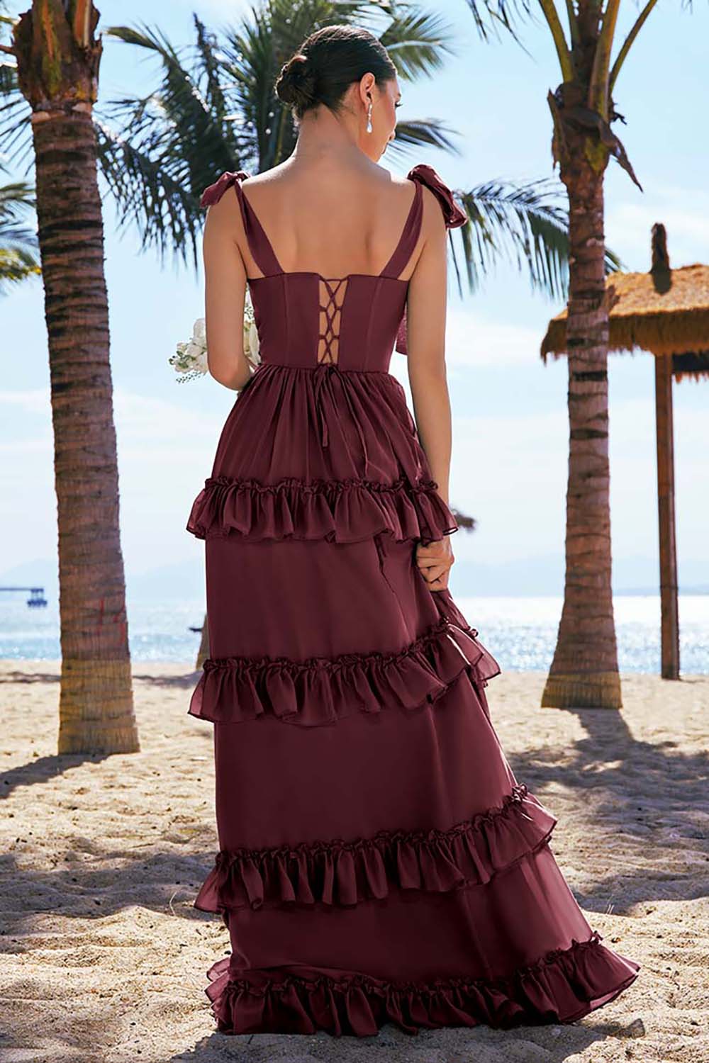 Eucalyptus A-ligne noeud papillon bretelles Corset Mousseline de soie Longue robe de demoiselle d’honneur avec fente