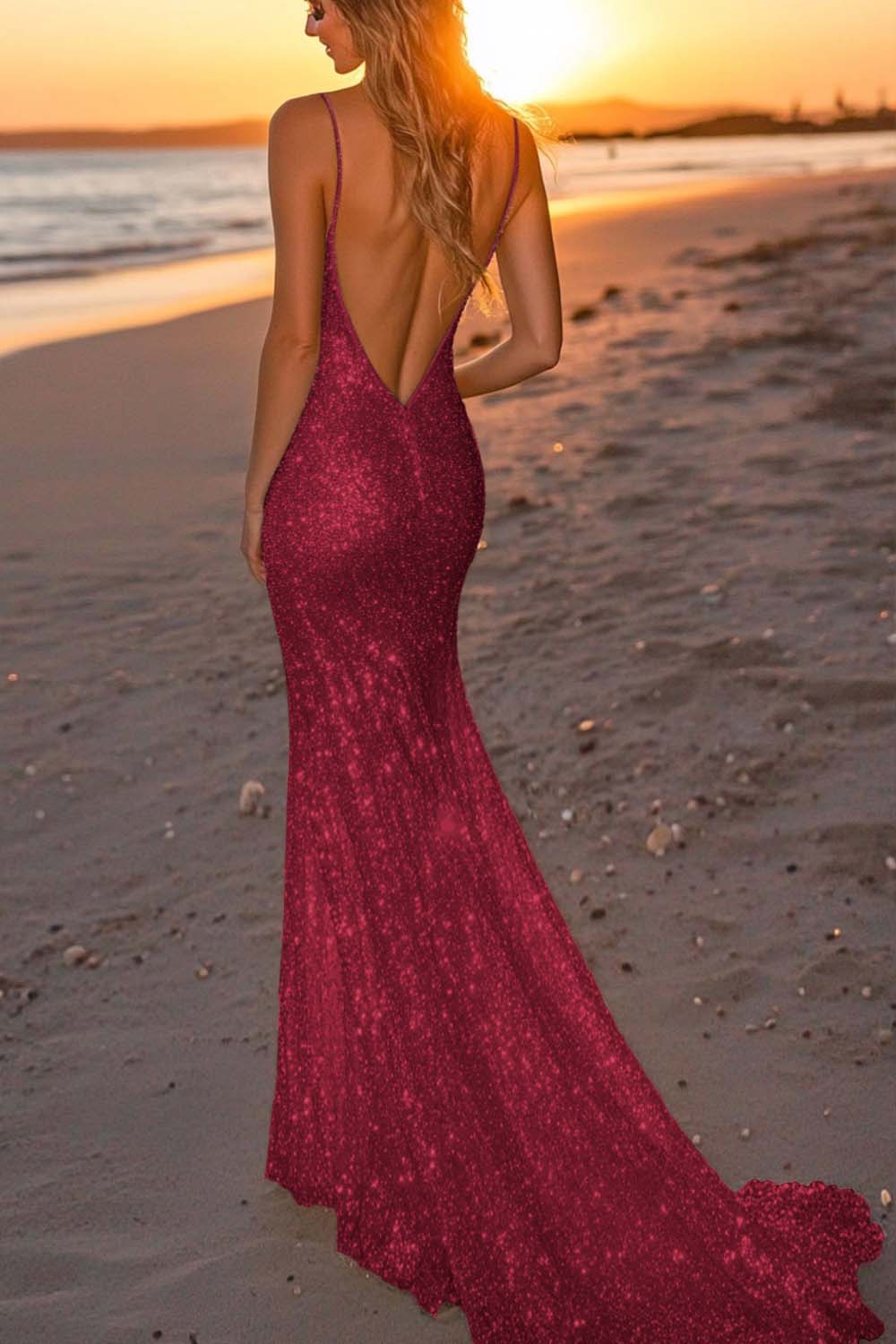 Robe longue de soirée sirène argentée scintillante dos nu