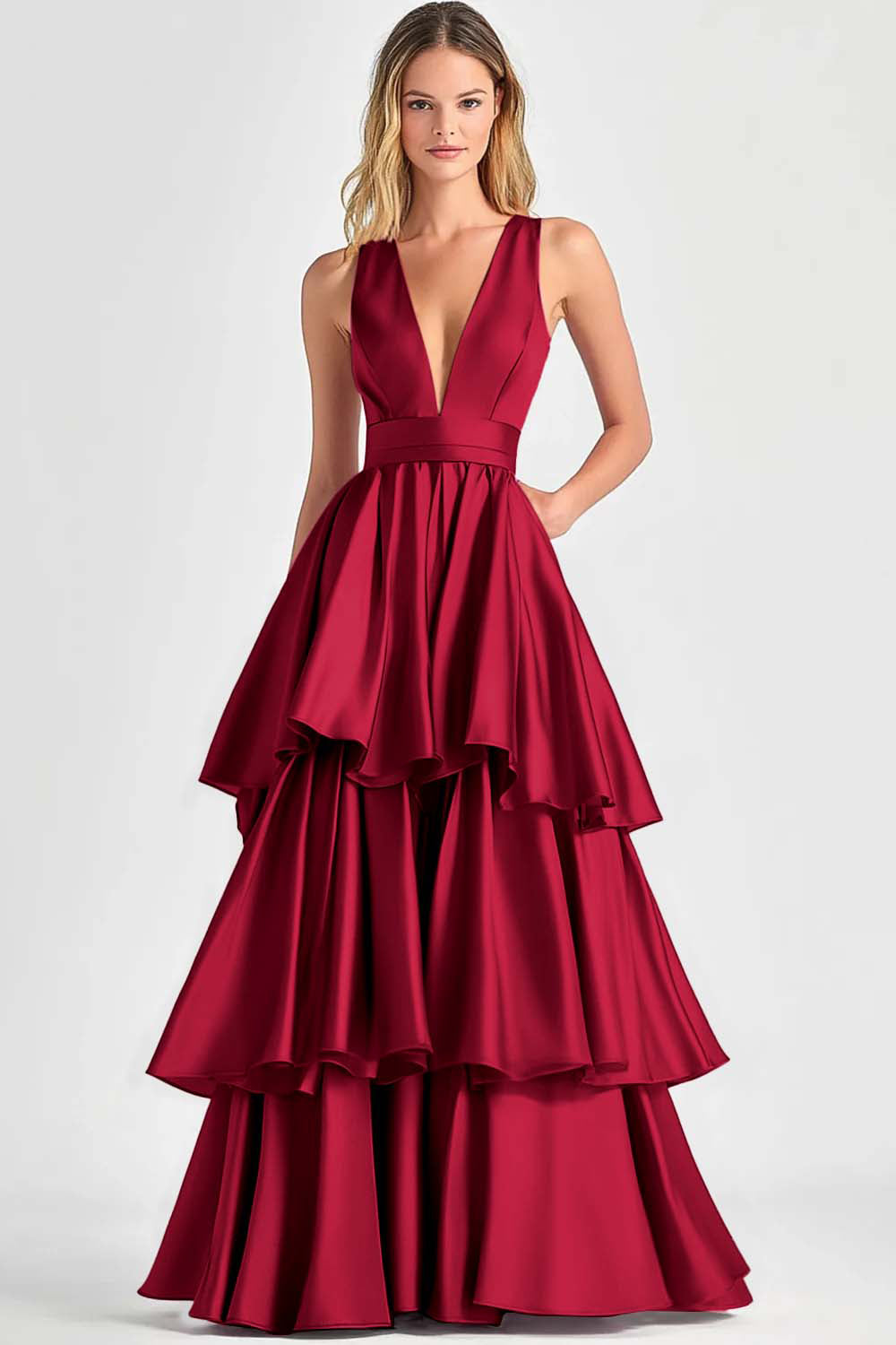 Robe de bal longue à volants à col en V trapèze