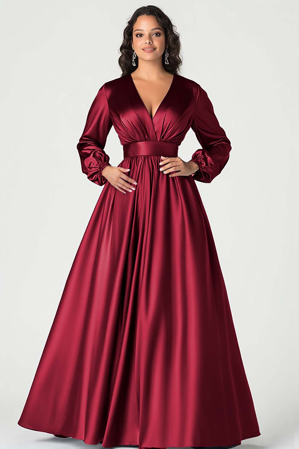 Robe de mère de mariée en satin gris bleu col V à manches longues
