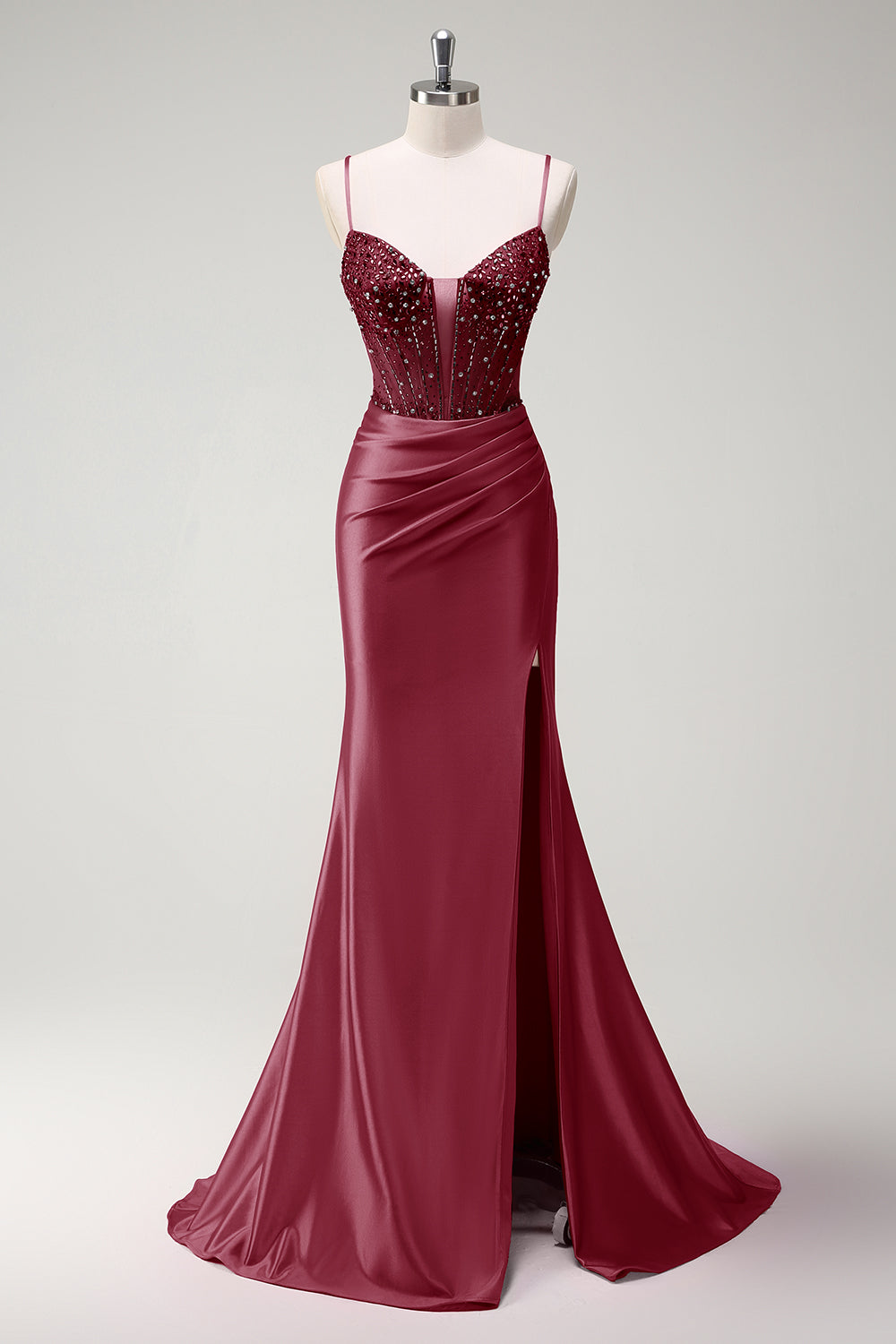 Sirène fuchsia scintillante bretelles spaghetti perlé Corset satin longue Robe de soirée avec fente