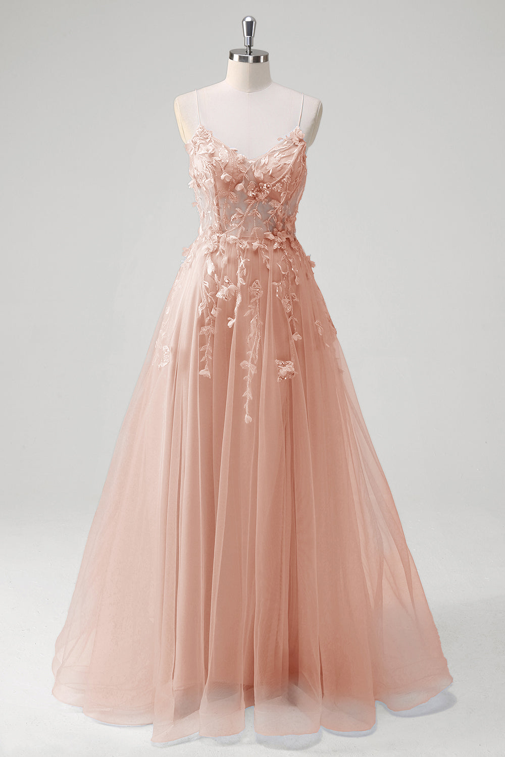 Une ligne tulle spaghetti bretelles corset applique bleu Robe De Soirée avec fente