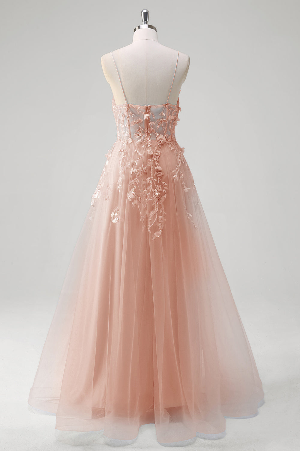 Une ligne tulle spaghetti bretelles corset applique bleu Robe De Soirée avec fente
