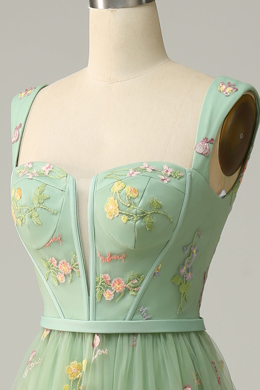 A-Line Col carré Vert Long soirée Robe avec Broderie