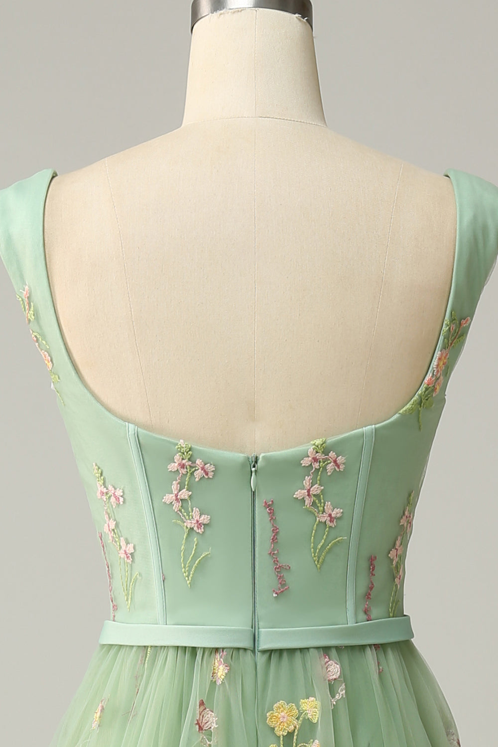 A-Line Col carré Vert Long soirée Robe avec Broderie