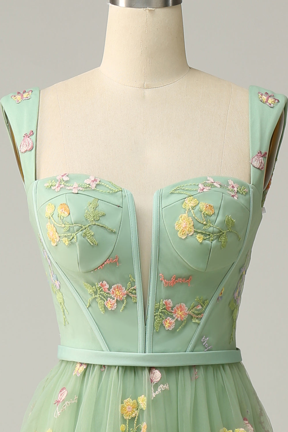 A-Line Col carré Vert Long soirée Robe avec Broderie