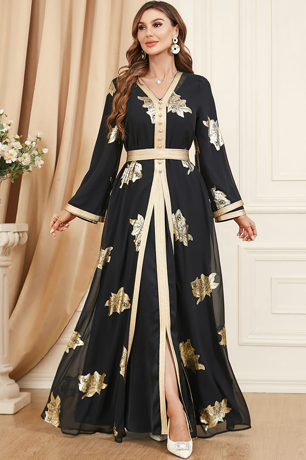 Élégante Deux morceaux robe en mousseline de soie Noir Abaya caftan