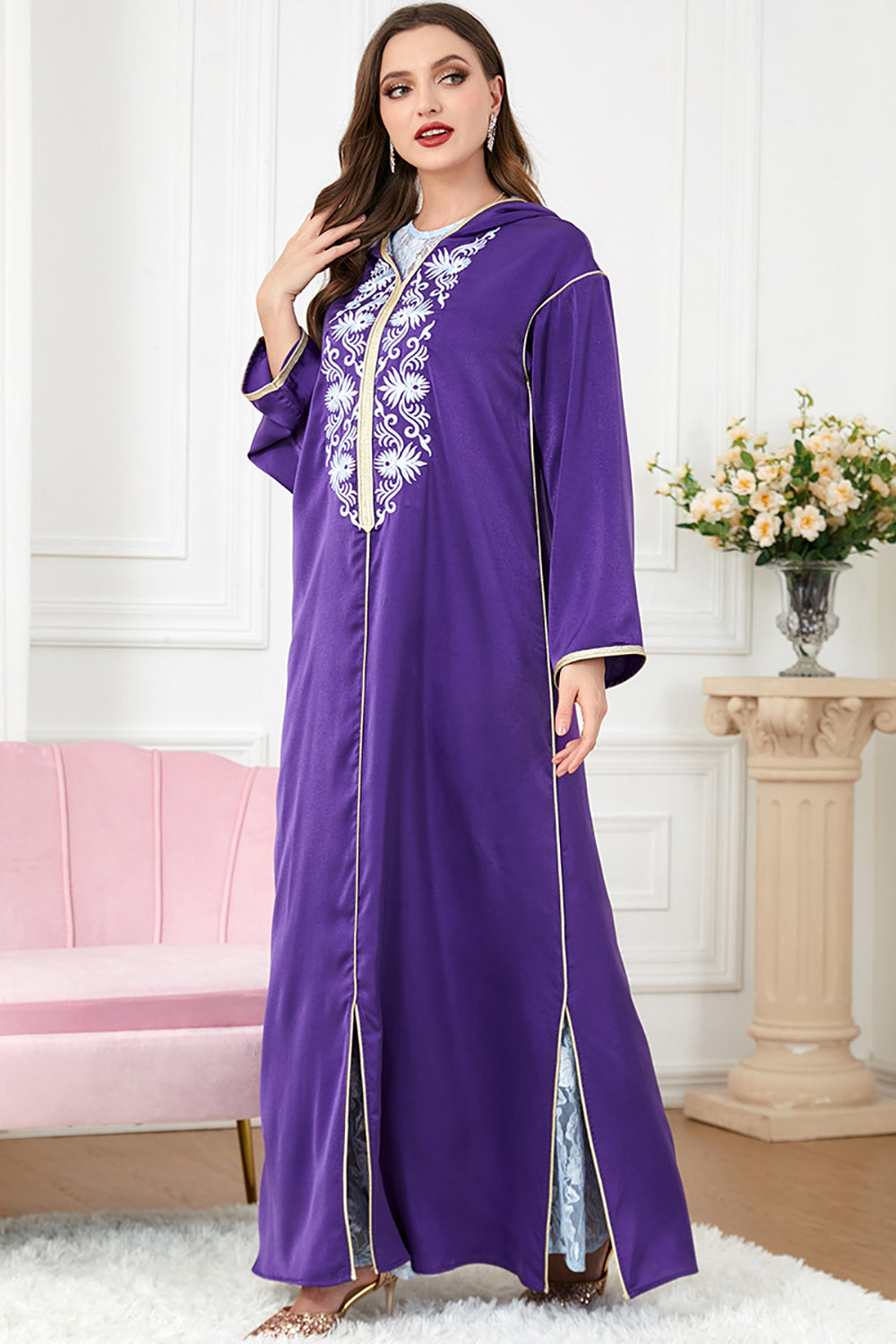Caftan brodé violet, ensemble 2 pièces, robes marocaines avec capuche
