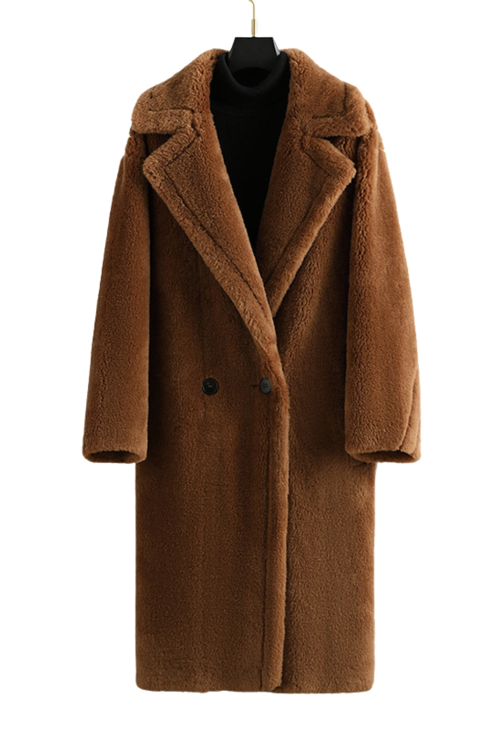 Marron Revers Entonné Long Manteau en laine teddy
