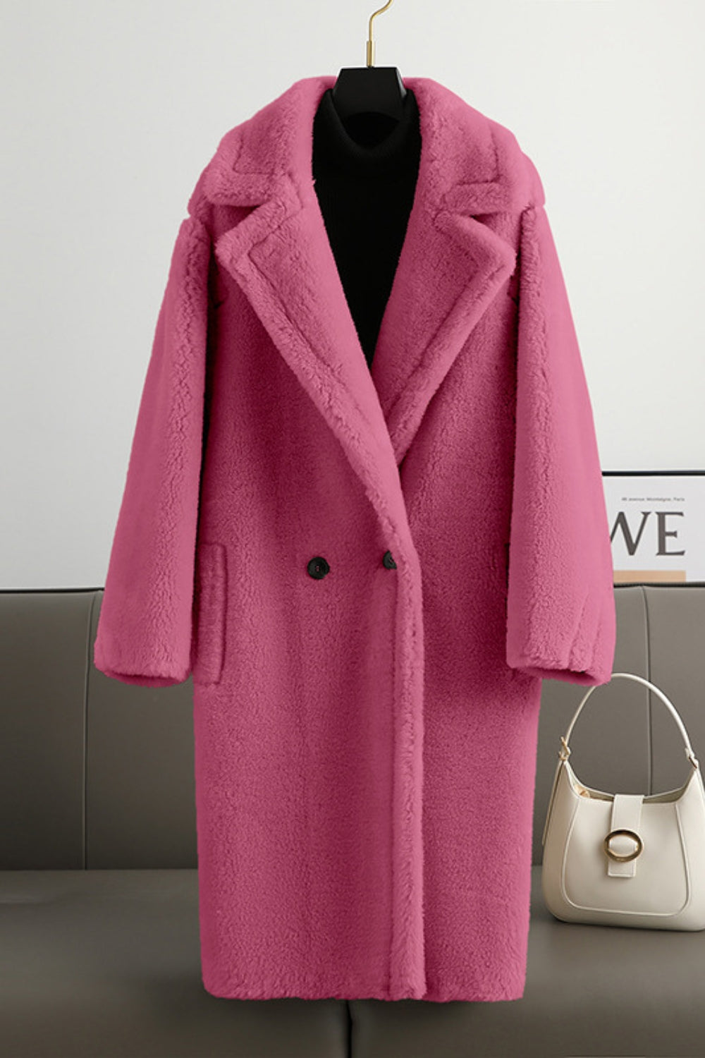 Marron Revers Entonné Long Manteau en laine teddy