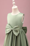 Robe de demoiselle d’honneur en satin à col rond gris vert A-ligne avec noeud