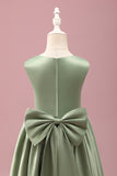 Robe de demoiselle d’honneur en satin à col rond gris vert A-ligne avec noeud