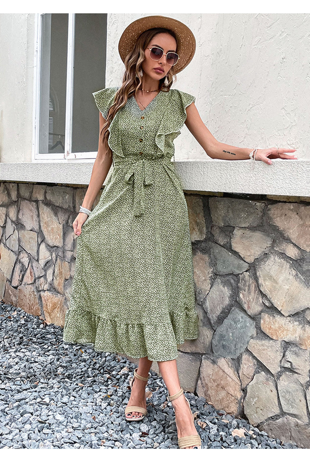 V Neck High Waist Robe d’été verte