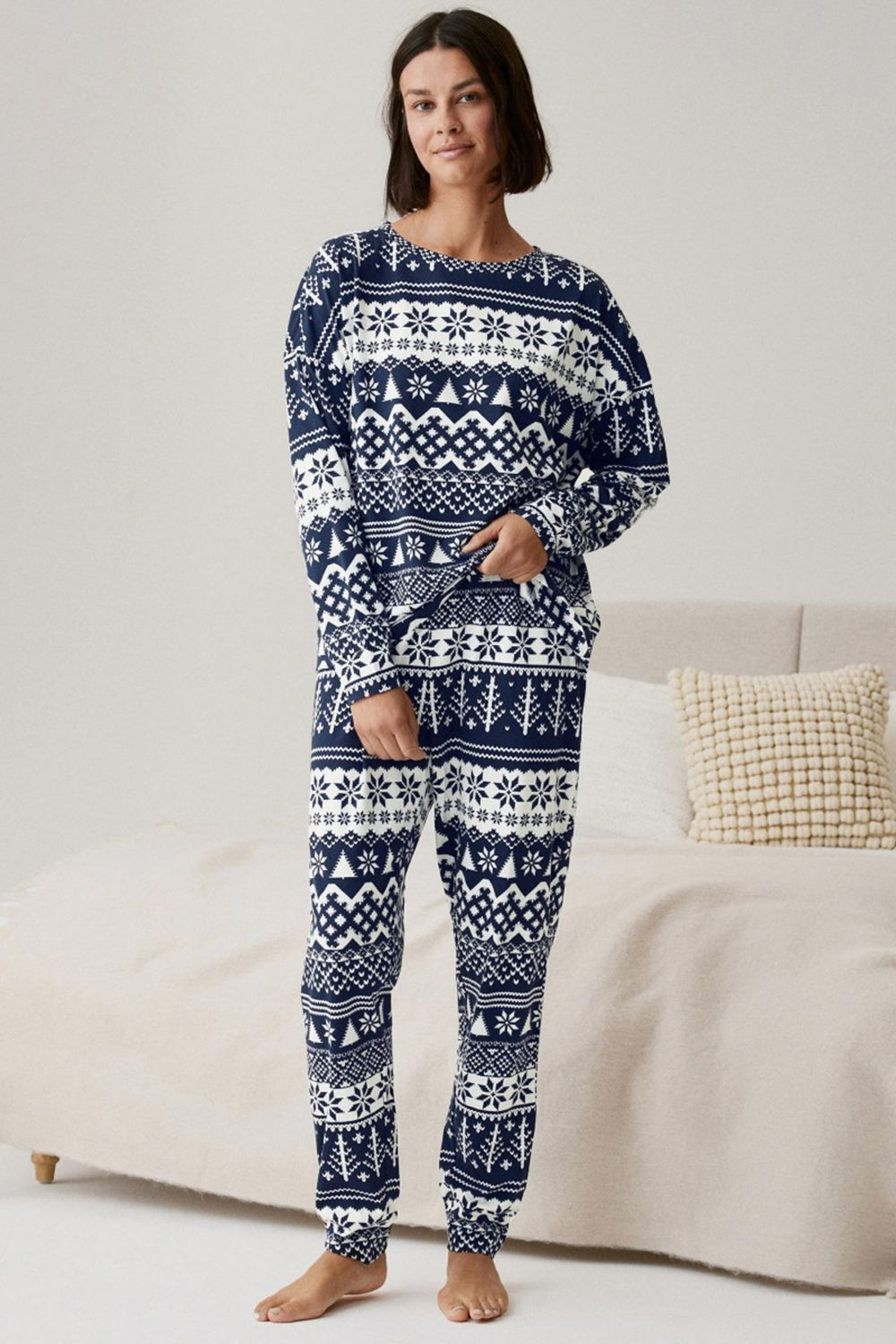 Ensembles de pyjama familial imprimé flocon de neige et arbre de Noël bleu marine