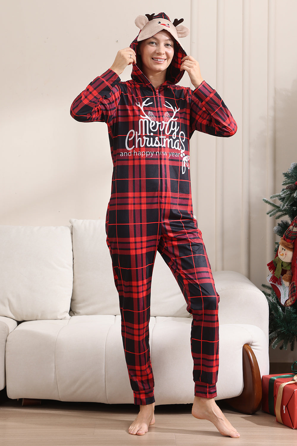 Pyjama rouge joyeux Noël pour la famille à capuche Une pièce Pjs Pyjama de vacances