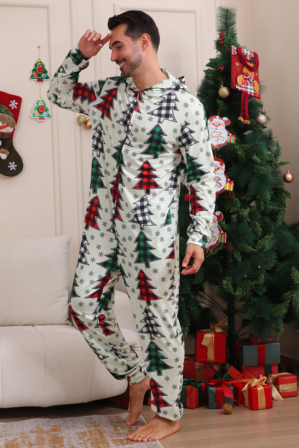 Famille Noël Pyjama Parent-enfant Vêtements Mignon Arbre de Noël Combinaison à capuche Noël Ensemble familial