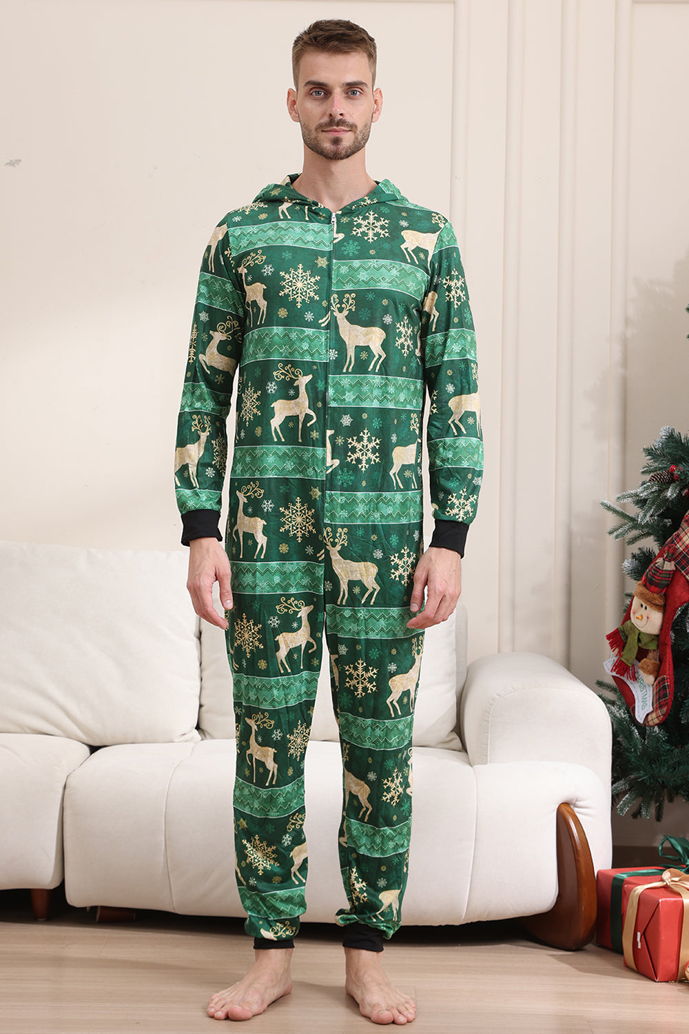 Ensemble de pyjama imprimé cerf et flocon de neige vert foncé pour hommes et femmes couples famille