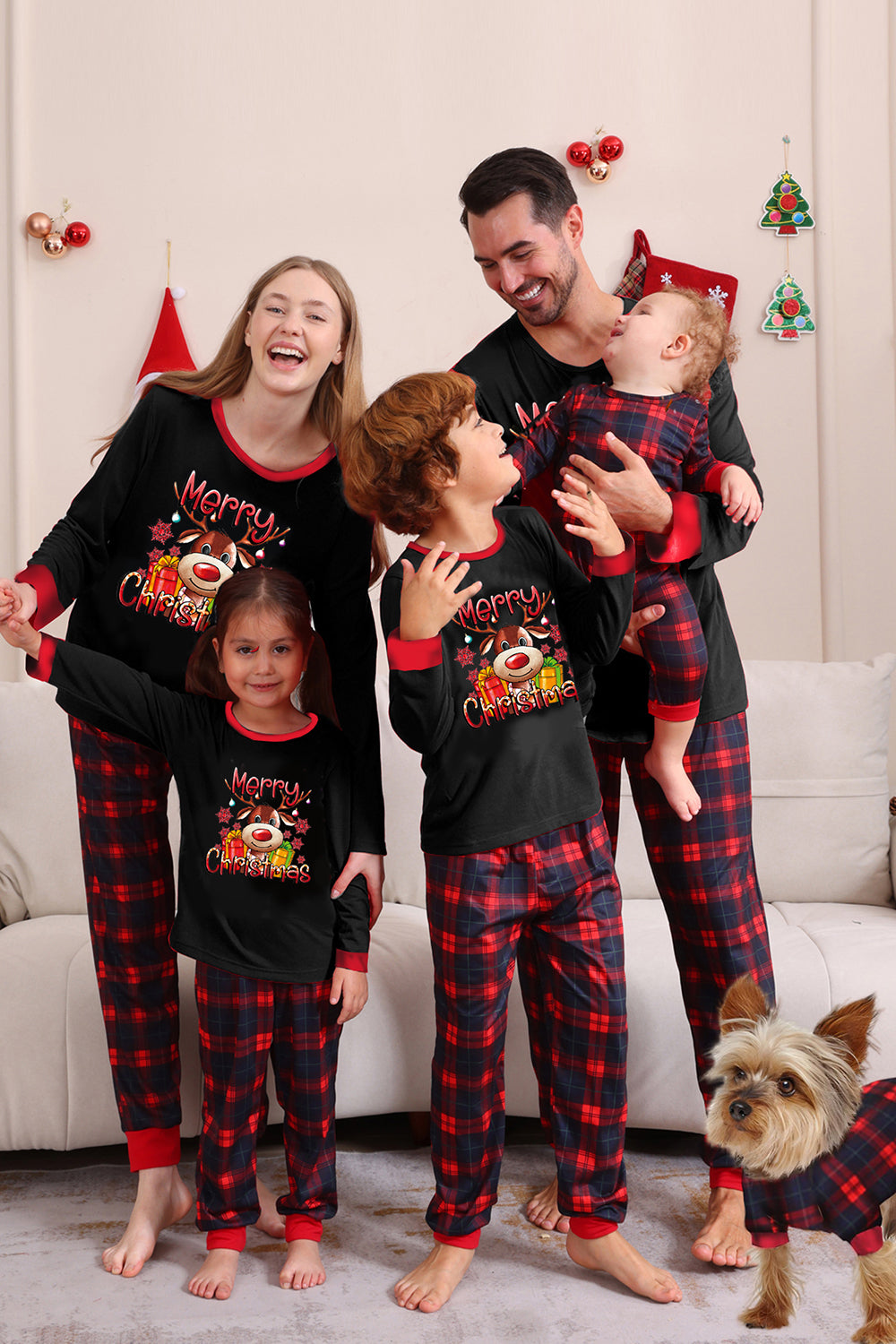 Noir Rouge Famille Assorti Pyjamas Adulte Enfants Bébé Tops et Pantalon à Carreaux Ensemble de Pyjama de Noël