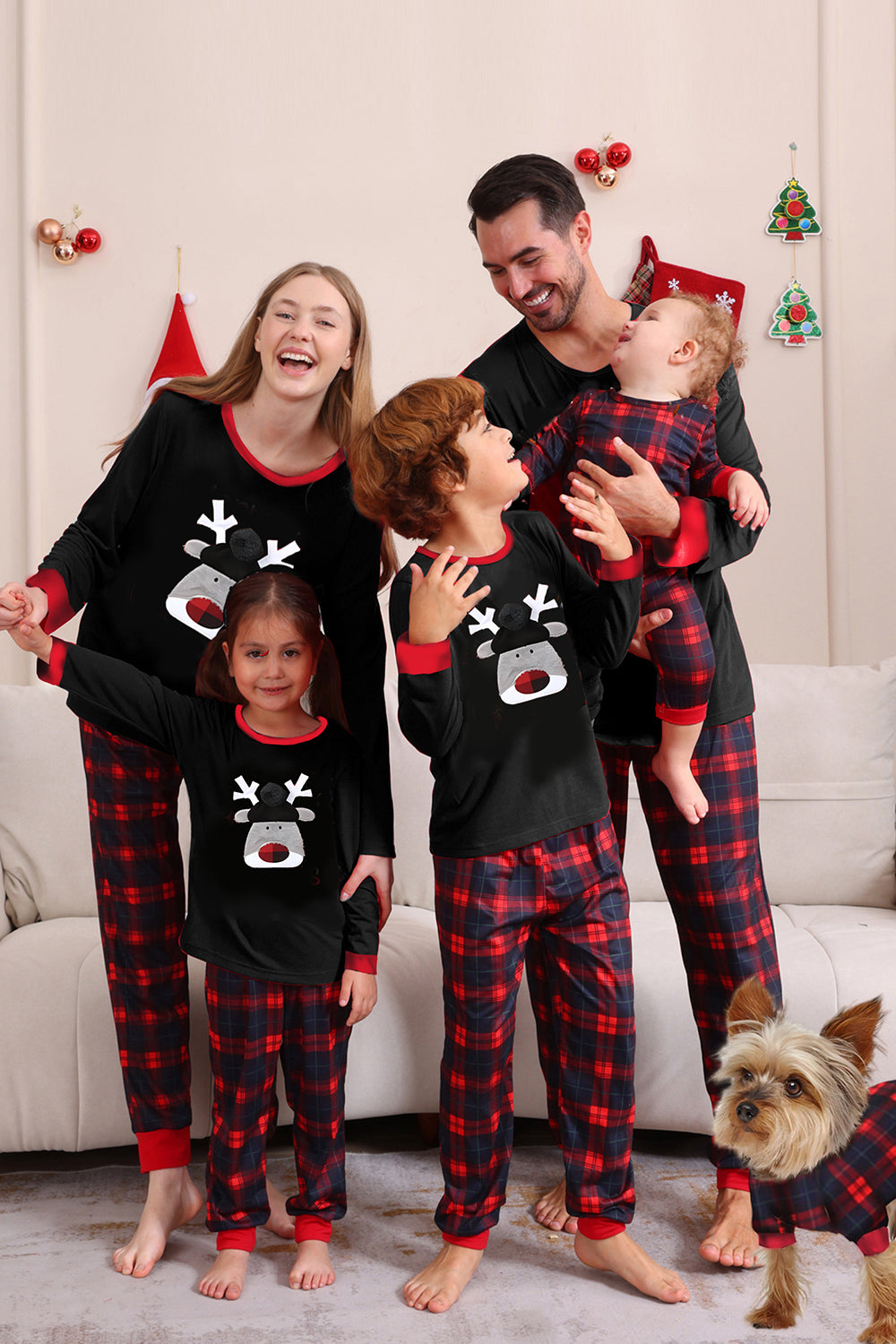 Noir Rouge Famille Assorti Pyjamas Adulte Enfants Bébé Tops et Pantalon à Carreaux Ensemble de Pyjama de Noël