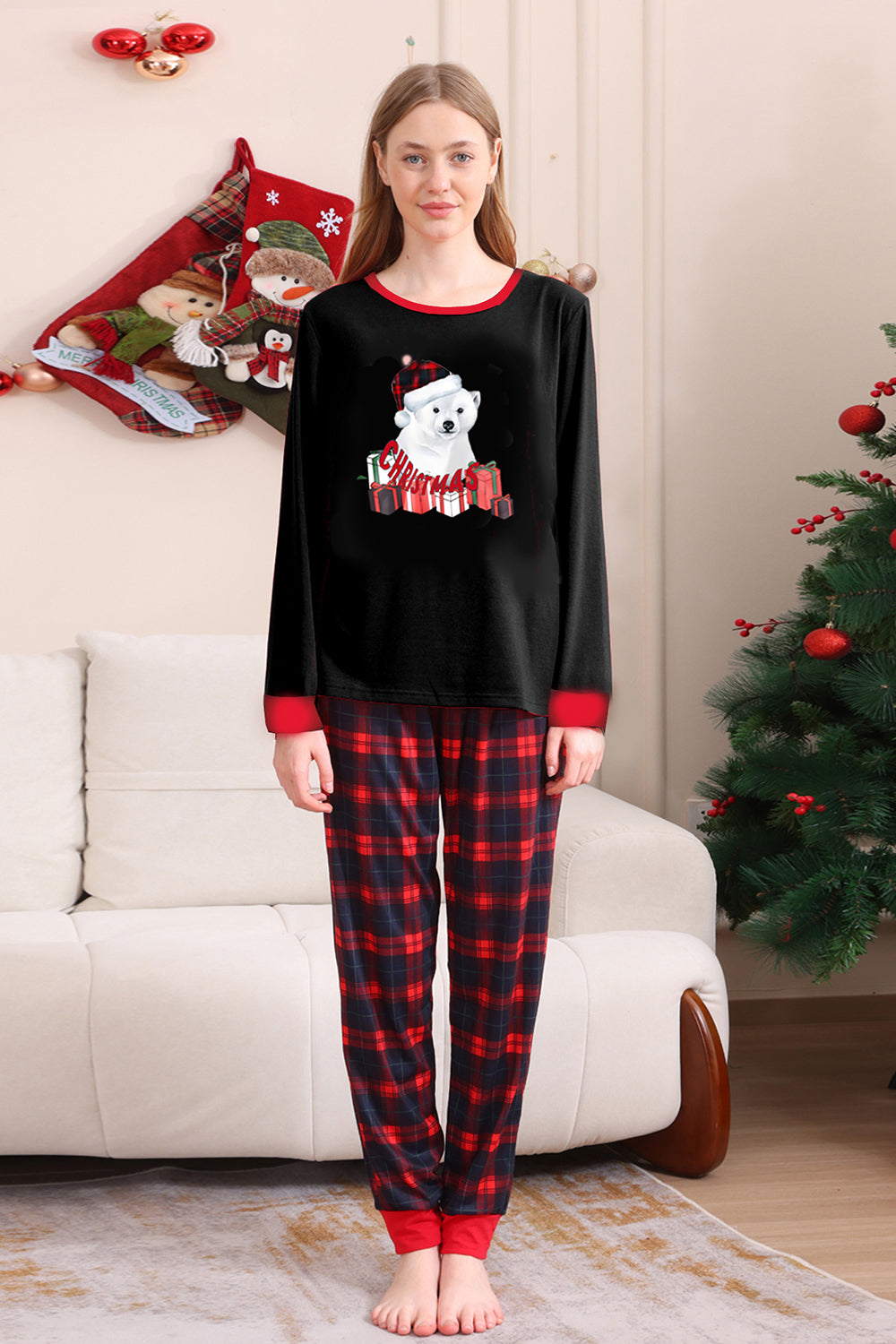 Noir Rouge Famille Assorti Pyjamas Adulte Enfants Bébé Tops et Pantalon à Carreaux Ensemble de Pyjama de Noël