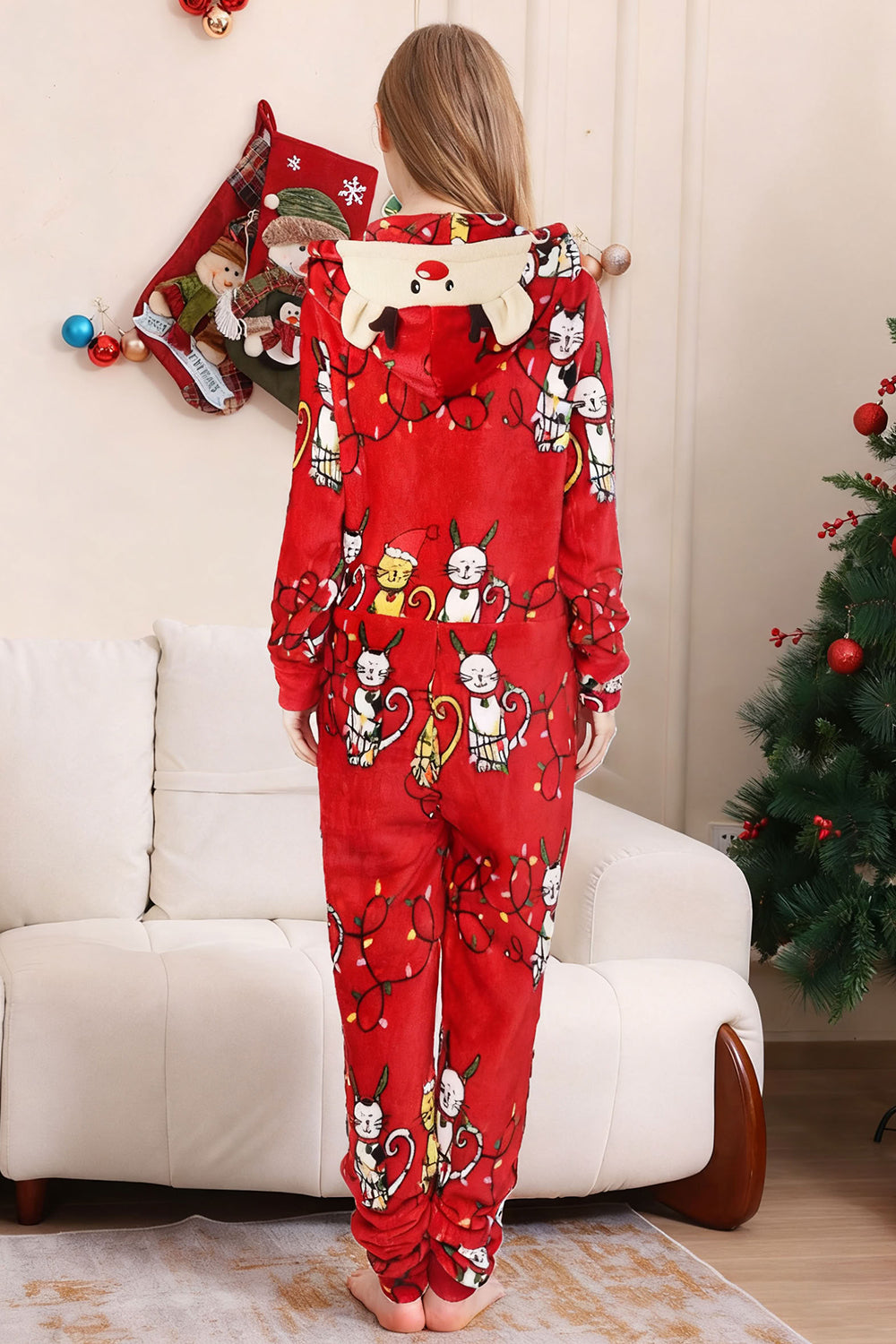 Pyjama familial assorti à motif chat rouge à manches longues