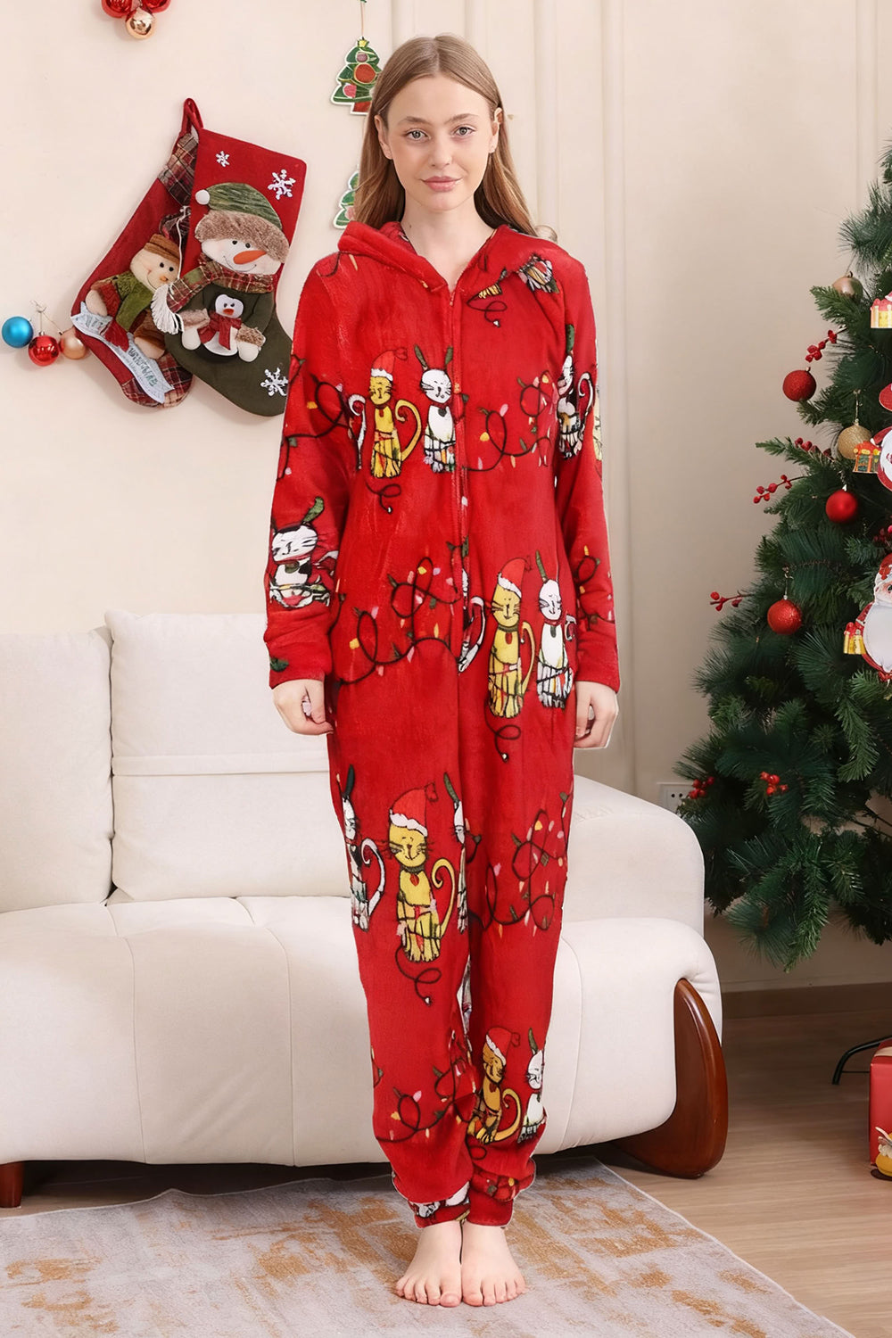 Pyjama familial assorti à motif chat rouge à manches longues