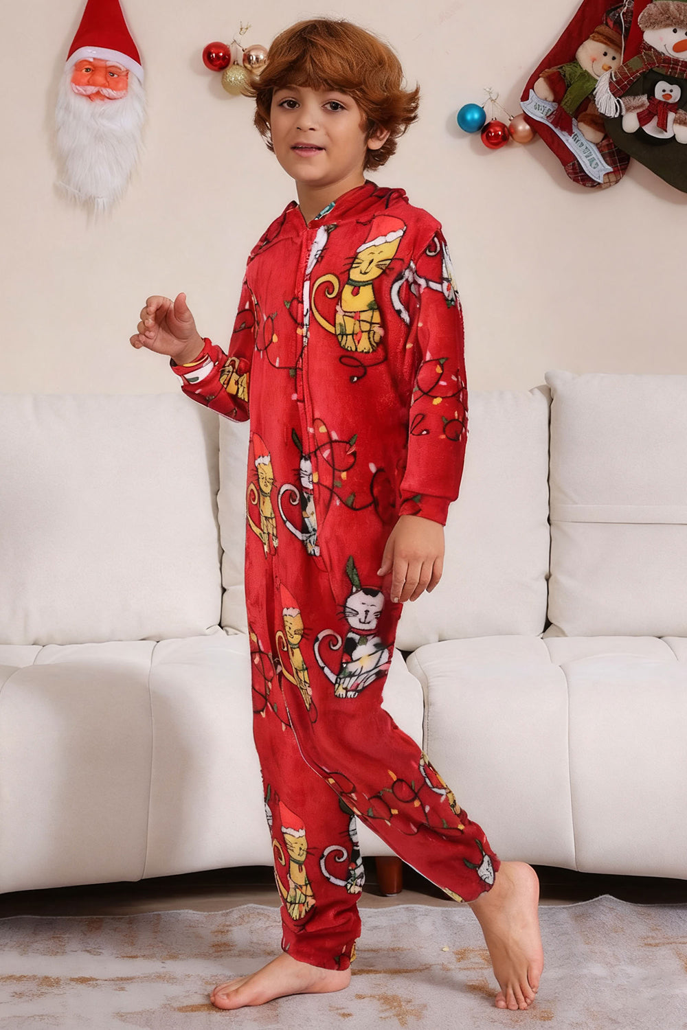 Pyjama familial assorti à motif chat rouge à manches longues