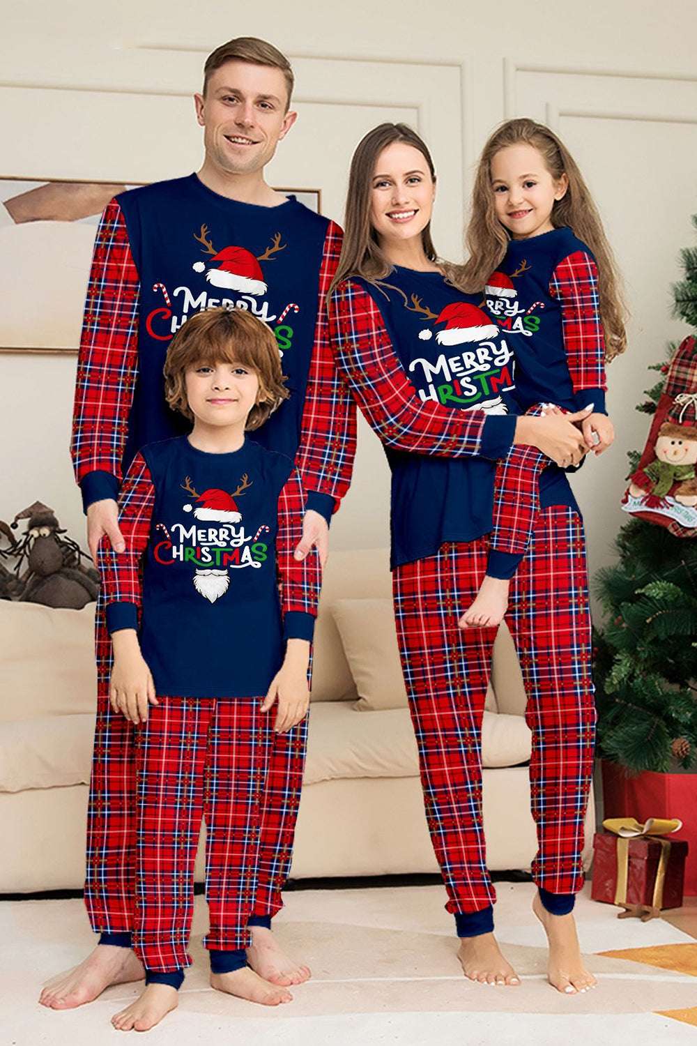Ensemble de pyjama de Noël rouge marine à carreaux à manches longues