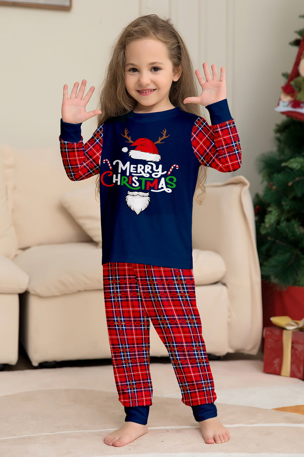 Ensemble de pyjama de Noël rouge marine à carreaux à manches longues